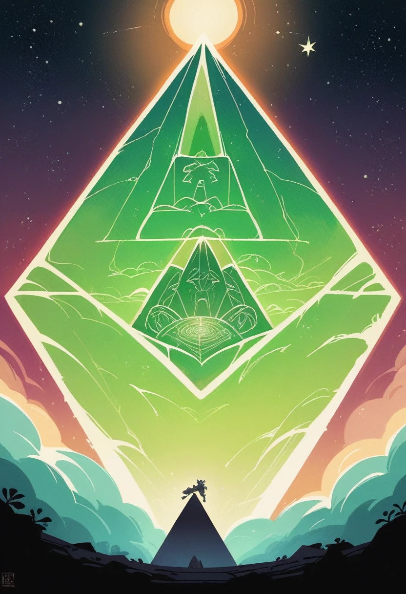 low angle dolly in, cinematic, Naturalistic film style, natural light, film grain, endless black space, in the middle a giant cosmic ancient stone pyramid levitates, the pyramid exudes a green glow, storm, thunder, stars and planet explode, star wind