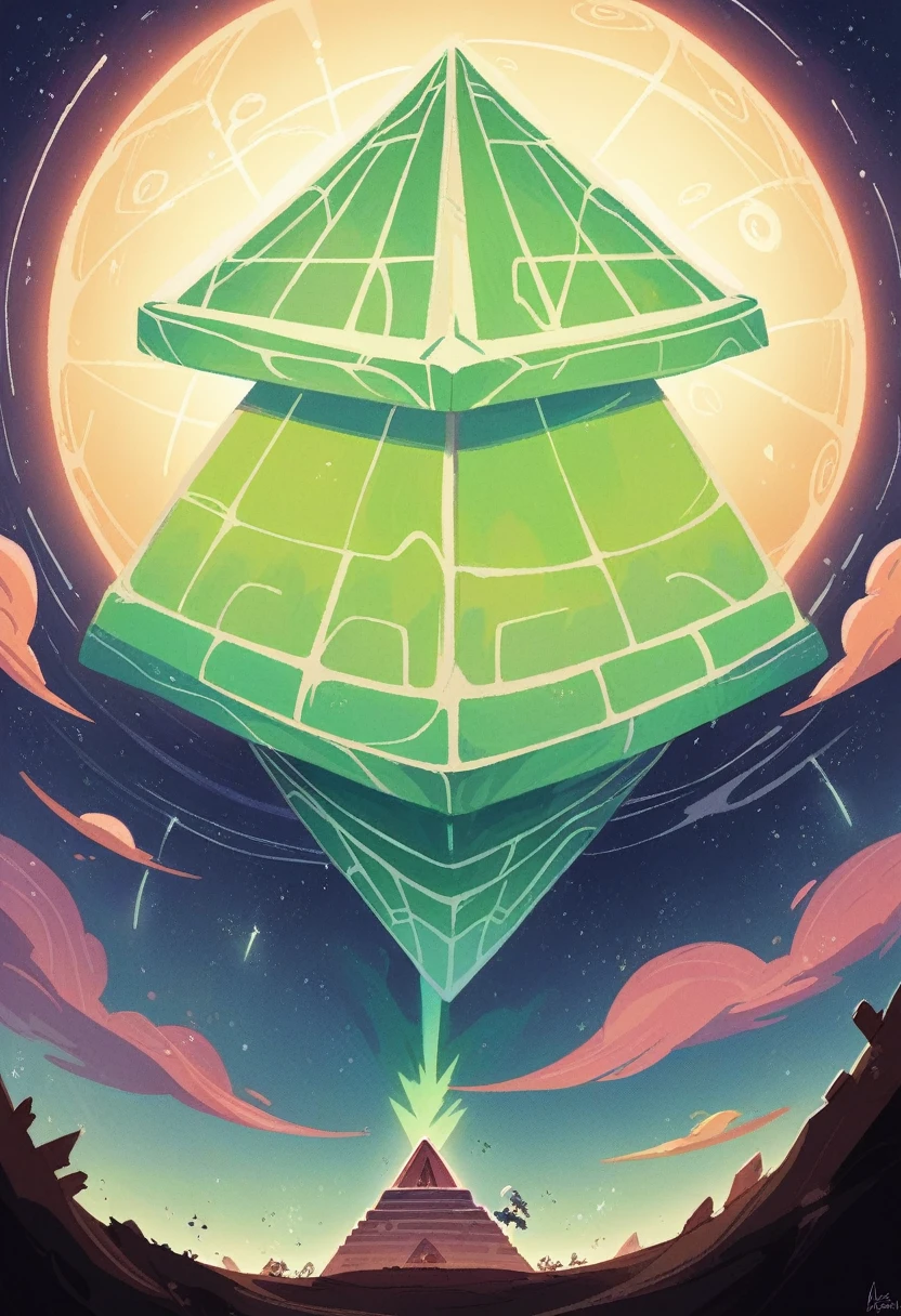 low angle dolly in, cinematic, Naturalistic film style, natural light, film grain, endless black space, in the middle a giant cosmic ancient stone pyramid levitates, the pyramid exudes a green glow, storm, thunder, stars and planet explode, star wind