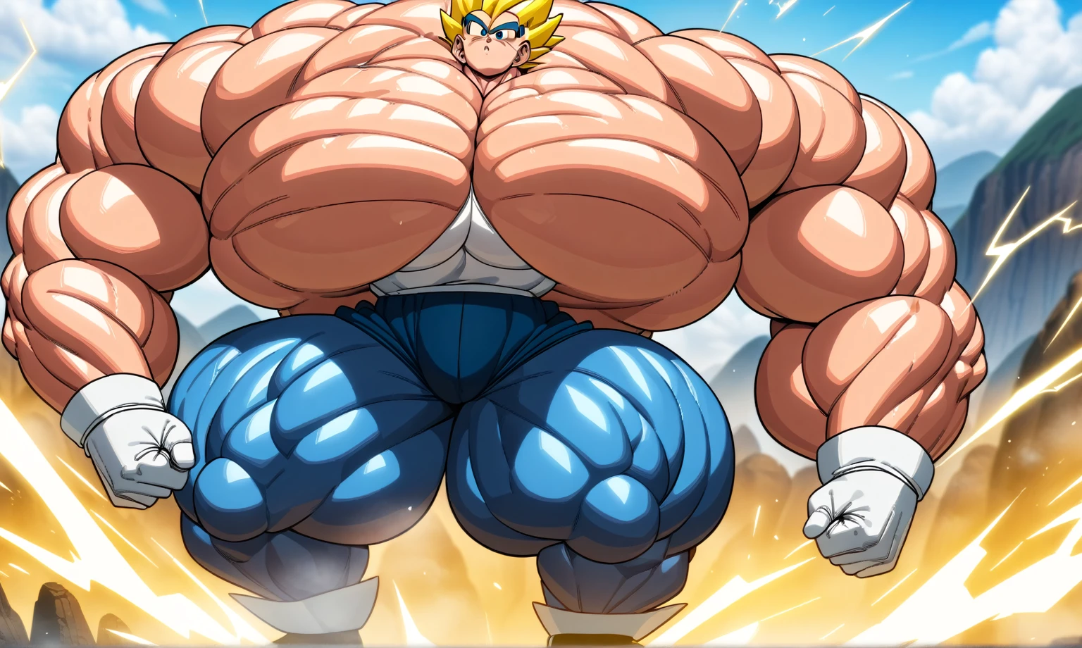 1boy, Vegeta, from Dragon Ball Z, masterpiece, best quality, very aesthetic, absurdres, saiyan, blue eyes, spiked hair, (yellow hair:1.5), standing up, good posture, shirtless, blue skintight pants, white gloves, (huge muscles:3.4), Dragon Ball Z artstyle, in the style of Akira Toriyama, white tiled floor, outdoor, flat-top mountains, Extreme Wide Shot, full pose, full body shot, (full body in frame:1), white boots with brown tips, nipples, electricity