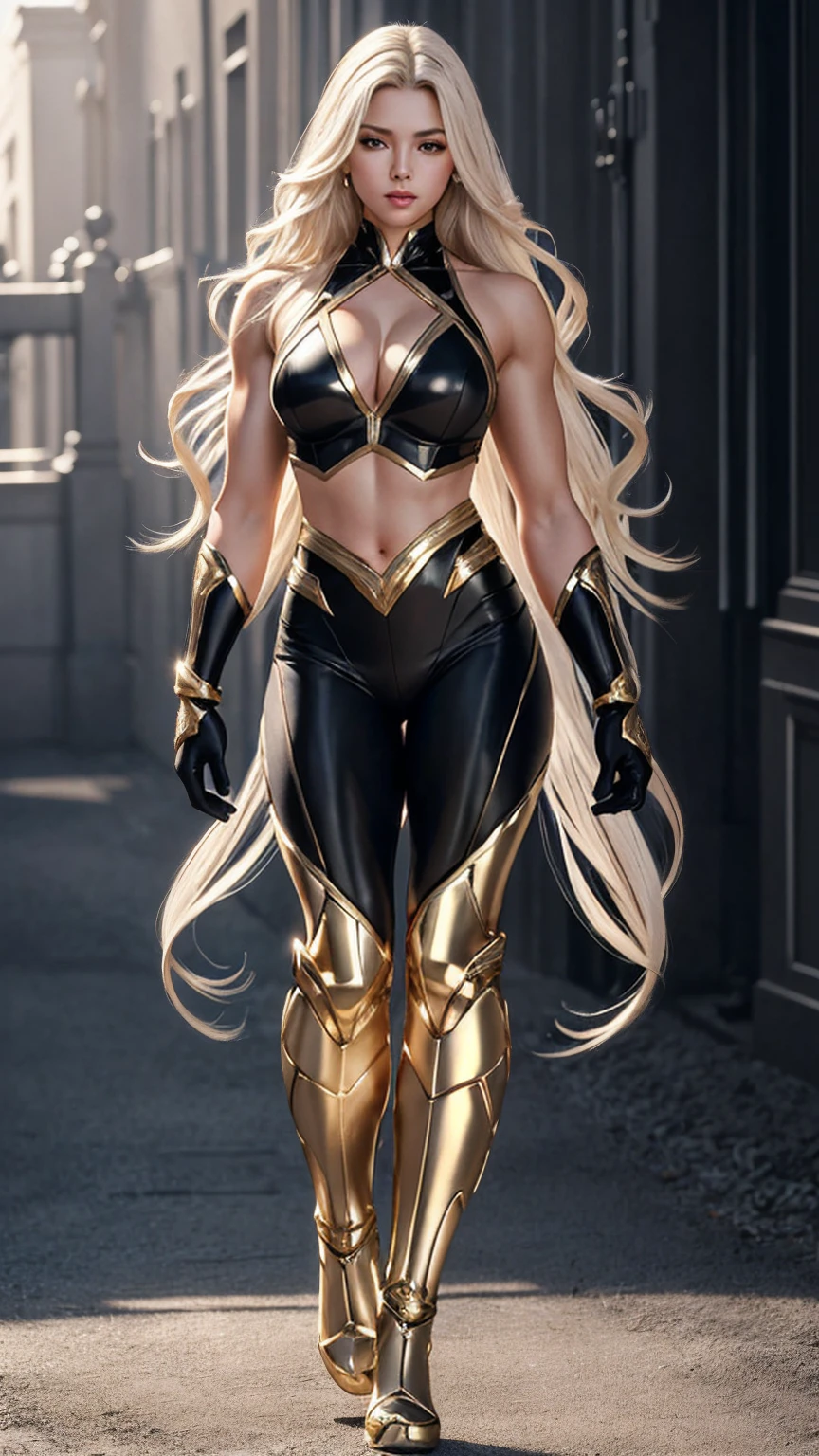 ((Full body photo, standing, feet on the ground)) (Masterpiece, 4k resolution, ultra-realistic, very detailed) beautiful superheroine, looking at camera, from the front wavy white hair, back belly with black contours and gold, has black gloves with fur on the wrist, wears tight black pants, with a gold and gray stripe, golden lines all over the body in the realism style, shiny skin, natural lighting, defined full lips. fitness female body. portrait photography by artgerm, in realism style, glowing skin, natural lighting, defined full lips. Muscular fitness female body,