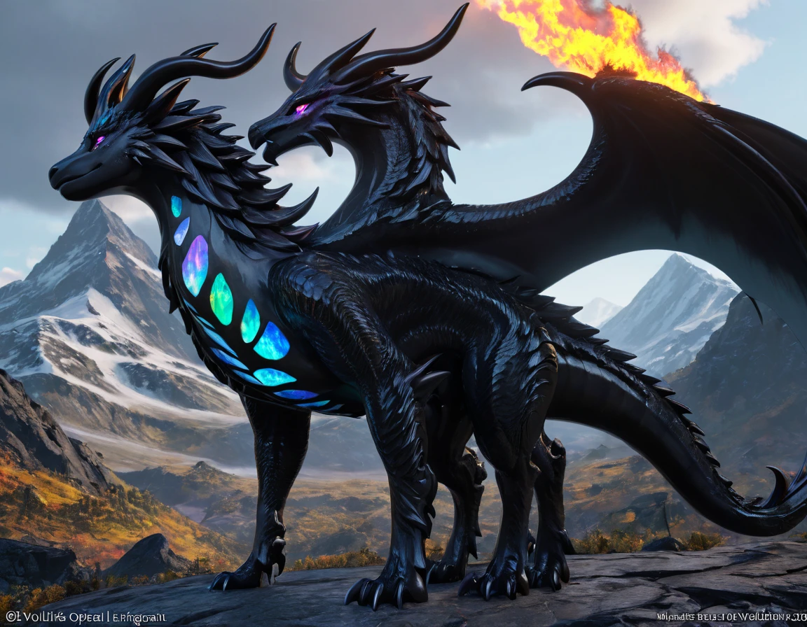 full body portrait of a realistic feminine obsidian dragon, black ral-opal large wings, ral-opal eyes, wolf, huge, long body, four legs, many horns, horns, antlers, twisting horns, curled horns, breathing ral-opal fire, mysterious mountain scenery, full body, cinematic, render, 8k, unreal engine, realistic, masterpiece, high detail, full body, low life, extremely intricate, extreme detail, volumetric lighting