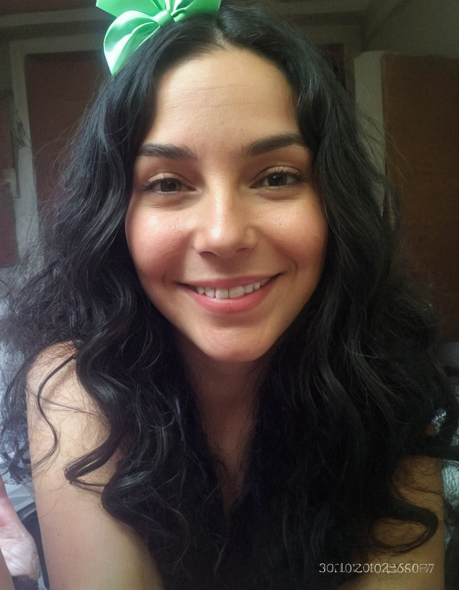 Smiling woman with long black hair and a green bow on her head., selfie of a young woman, woman with long black hair, wavy hair without makeup, 30 year old woman, 3 0 year old woman, around 19 years, young woman with long dark hair, 30 year old Cuban woman., Alanis Guillén, very slightly smiling
