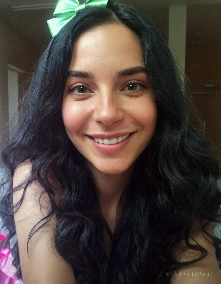 Smiling woman with long black hair and a green bow on her head., selfie of a young woman, woman with long black hair, wavy hair without makeup, 30 year old woman, 3 0 year old woman, around 19 years, young woman with long dark hair, 30 year old Cuban woman., Alanis Guillén, very slightly smiling