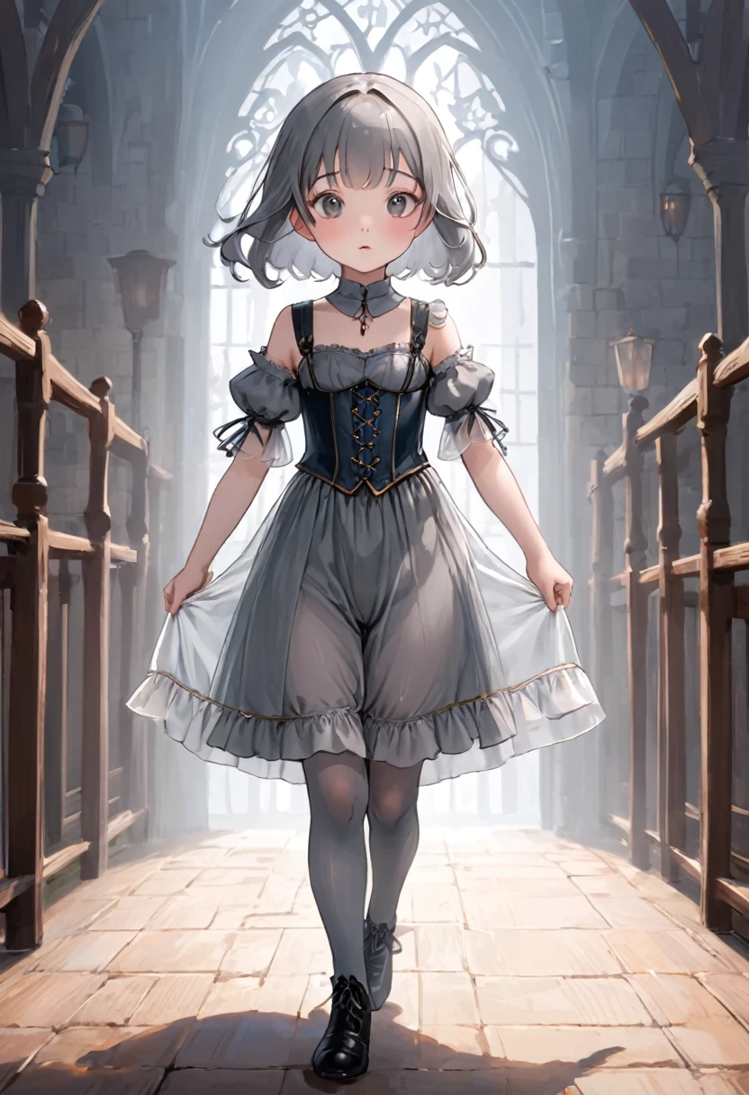 8 year old medieval girl, underwear姿、Translucent knee-length bloomers（underwear）wear、wear a semi-transparent corset、Translucent slip, Grey translucent tights