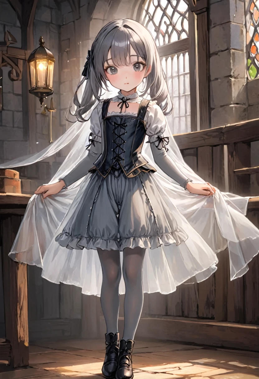 8 year old medieval girl, underwear姿、Translucent knee-length bloomers(underwear)wear、wear a semi-transparent corset、Translucent slip, Grey translucent tights