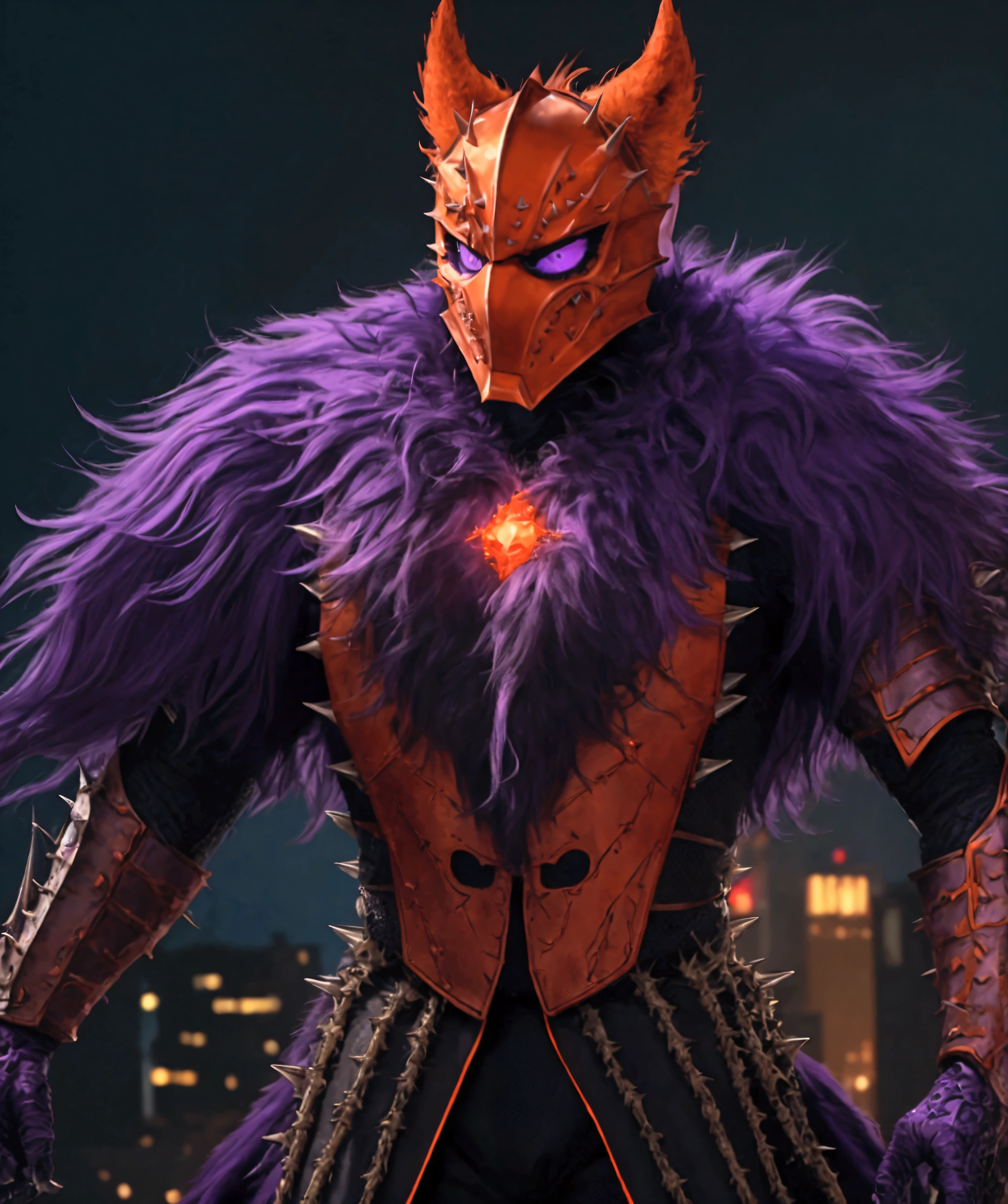 (extremely detailed 8k wallpaper), a medium shot photo of Grim dressed as a scary masked orange and purple furry-supervillain in a orange and purple spiked armour made of fur glowing armour with spikes from marvel, theme, intricate, high detail, dramatic, furry monster and destroyed buildings in the background