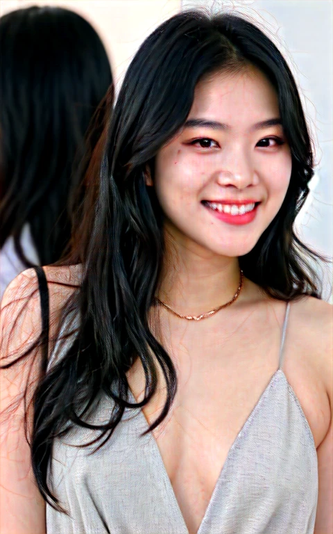 A beautiful 19 year old Korean woman Kpop idol, with wavy black hair smiling