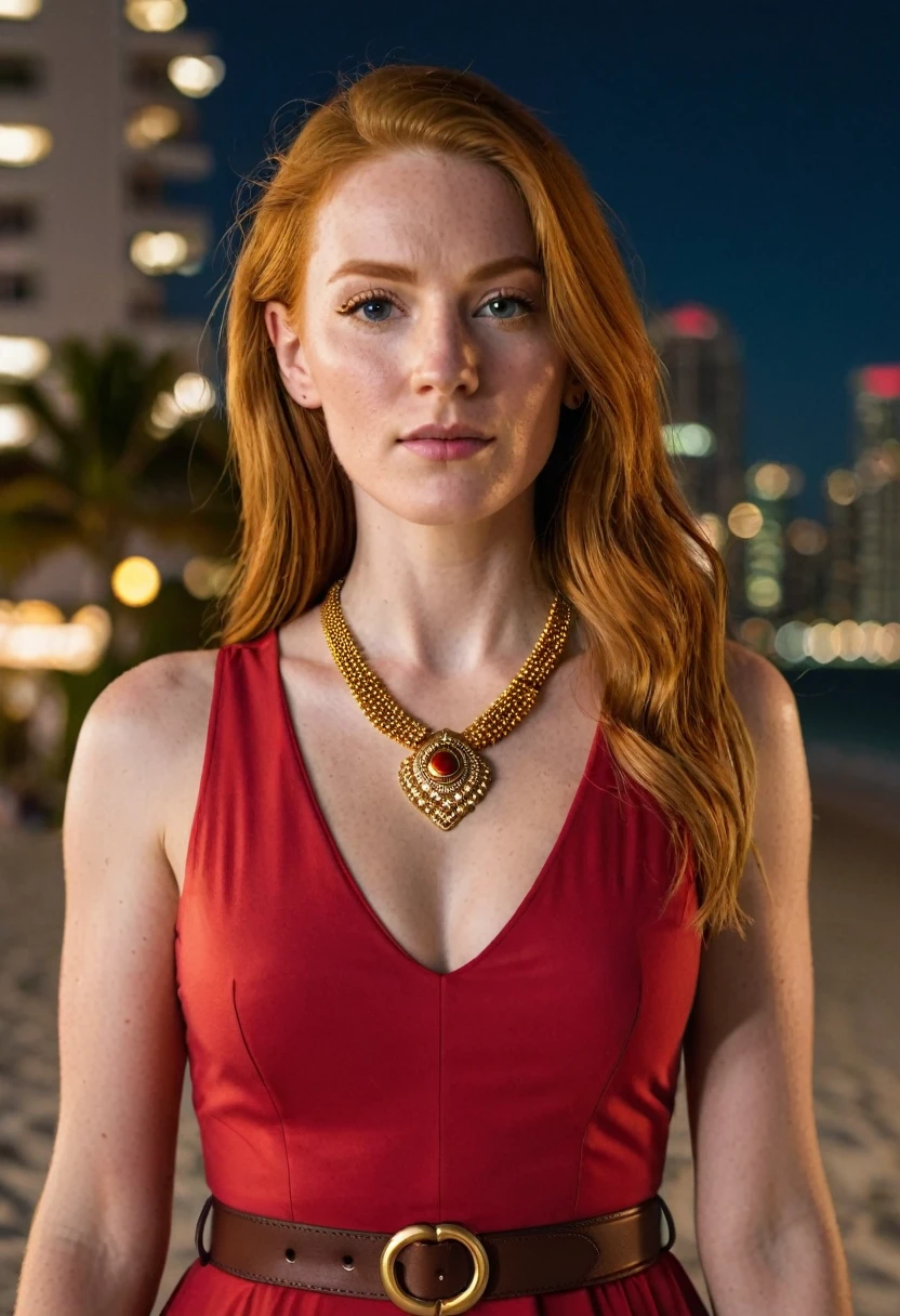 closeup night time half body torso symmetrical view of an outdoor photo an image of a athletic Scottish ginger pale woman standing on Miami Beach at night wearing a red sleeveless dress with a brown belt and a gold necklace. She is standing facing the camera , a portrait, by Max Dauthendey, instagram, assamese aesthetic, cute girl wearing tank suit, beach pic, closeup - view, wallpaper - 1 0 2 4, noseless, cleavage, profile picture, concentration, sittin, tv show still, round thighs, breathing, profile pic, chakras. backlit, she has long straight hair
in a red sleeveless dress with a brown belt and a gold necklace."
The dress is a sleeveless, fitted bodice with a full skirt. It is a classic style of dress, often referred to as a "fit and flare" or "A-line" dress. The dress is cinched at the waist with a brown leather belt with a gold buckle. The woman is also wearing a gold necklace with small round beads.
This photo is taken outside during the night time, with huge amount of flash shining on her body, backlit, off-camera flash lighting, hard flash, white flash, direct flash, extremly bright flash shining on her body close-up, portrait, high quality, hyper realistic