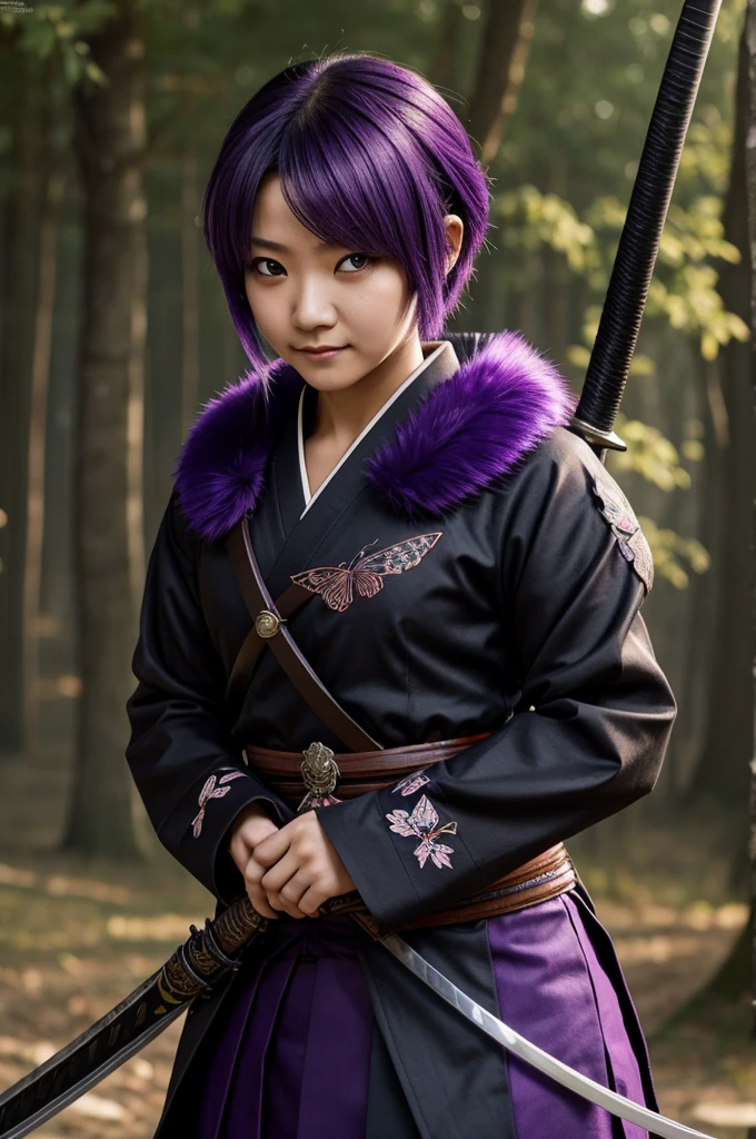 EFT_shinobu, 1 girl, weapon, Kochou Shinobu, demon hunter uniform, sword, Alone, hair ornament, butterfly hair ornament, katana, tenure weapon, tenure, purple hair, black fur, tenure sword, japanese clothes, Haori, multicolor fur, SMILE, purple eyes, Upper part of the body, short hair, empty eyes, faded hair, long sleeves, without students, Closed mouth, wide sleeves, fault, Jacket