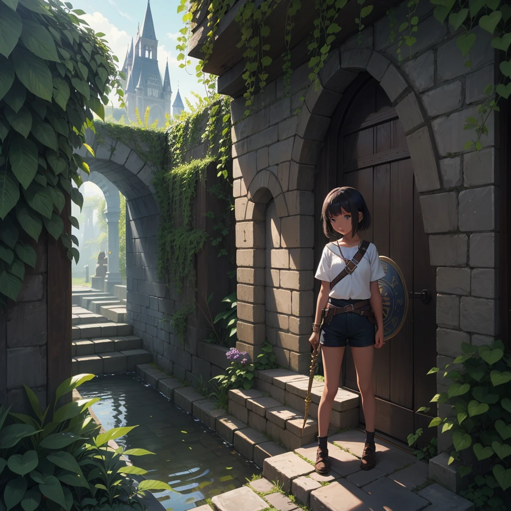 最high quality、high quality、Simple clothing from the Middle Ages、10Year old girl adventurer、Climb the maze stairs、Shorts、Equipped with a dagger and a shield、In a dark maze