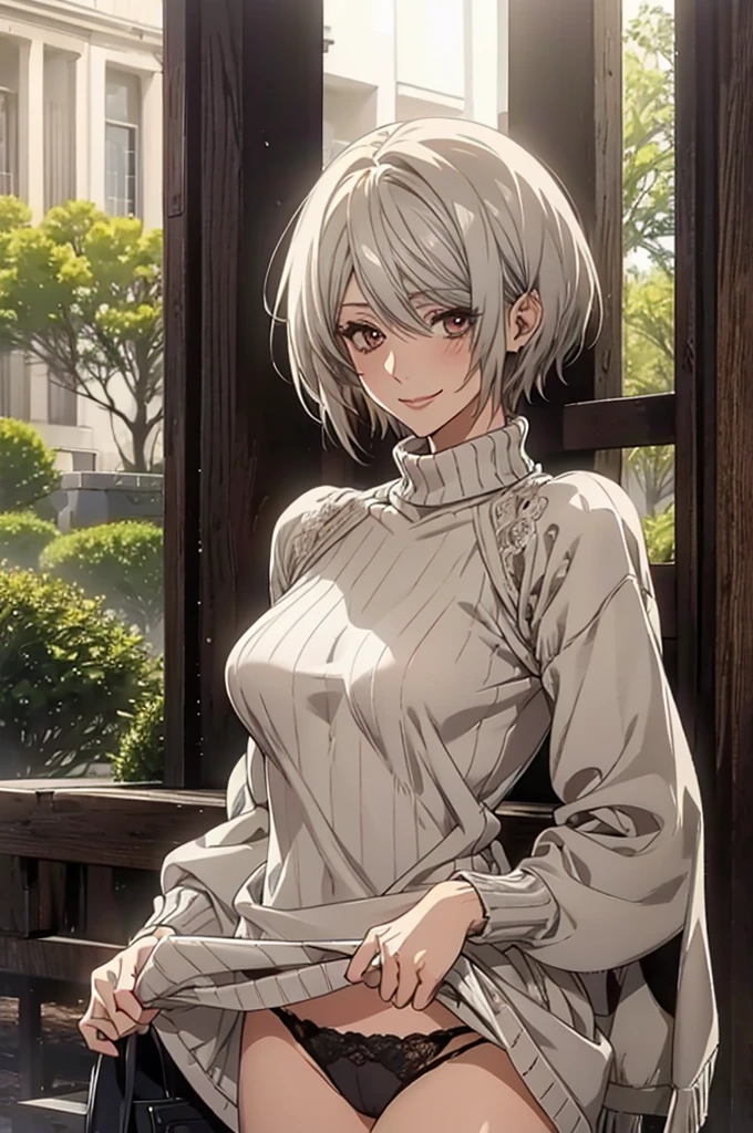(Highest quality, High resolution, Very detailed), Silver Hair, Super short hair, Reddish brown eyes, sweater dress, lace thong, Large Breasts, 24th generation, Beautiful woman, mature, quiet, Calm, A small smile, park,
