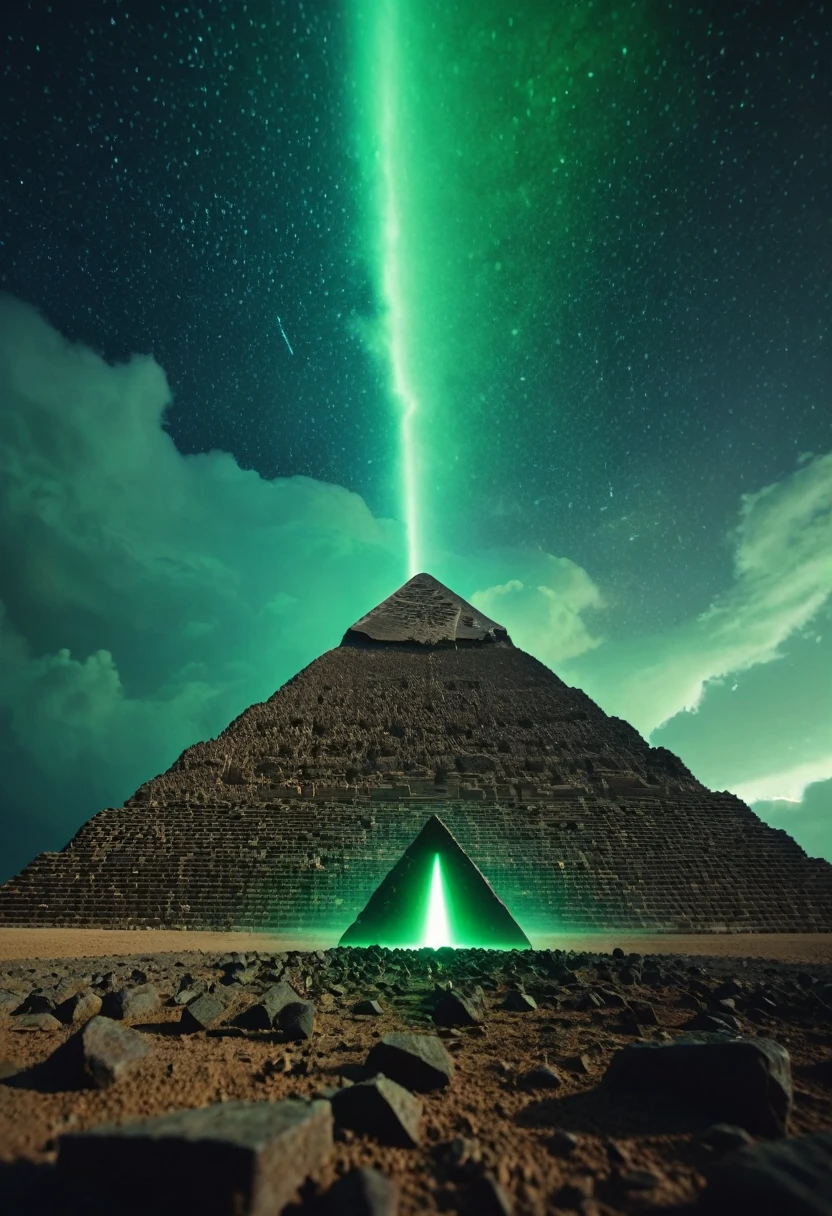 low angle dolly in, cinematic, Naturalistic film style, natural light, film grain, endless black space, in the middle a giant cosmic ancient stone pyramid levitates, the pyramid exudes a green glow, storm, thunder, stars and planet explode, star wind