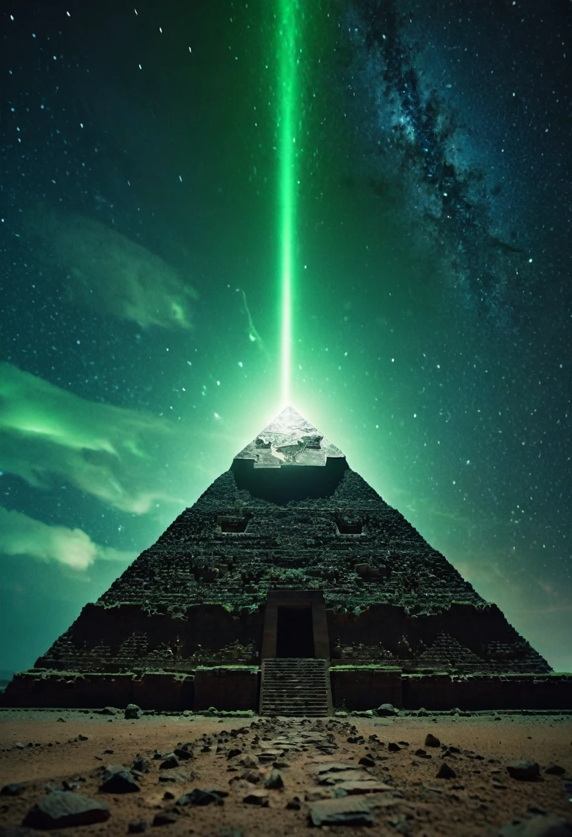 low angle dolly in, cinematic, Naturalistic film style, natural light, film grain, endless black space, in the middle a giant cosmic ancient stone pyramid levitates, the pyramid exudes a green glow, storm, thunder, stars and planet explode, star wind