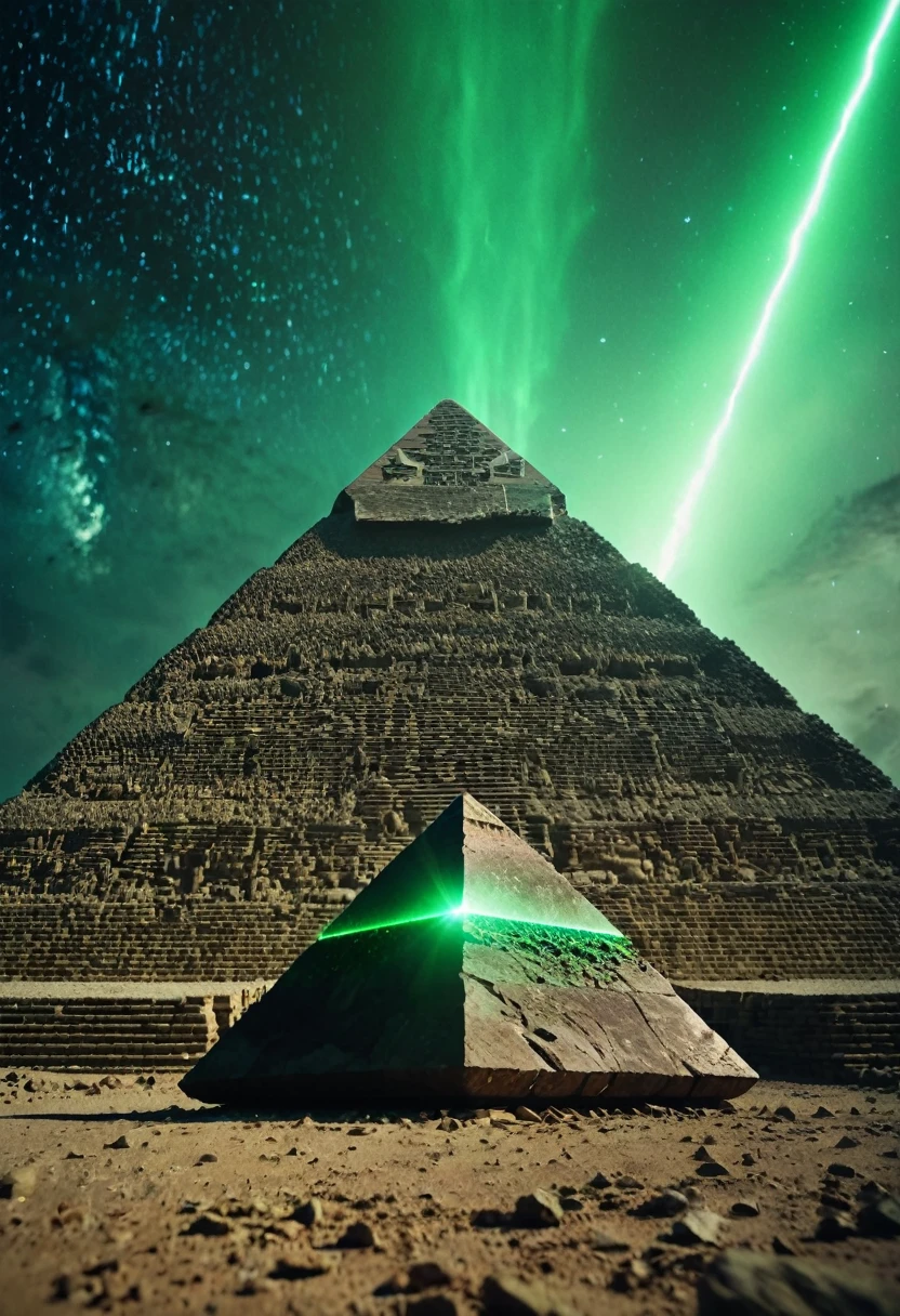 low angle dolly in, cinematic, Naturalistic film style, natural light, film grain, endless black space, in the middle a giant cosmic ancient stone pyramid levitates, the pyramid exudes a green glow, storm, thunder, stars and planet explode, star wind