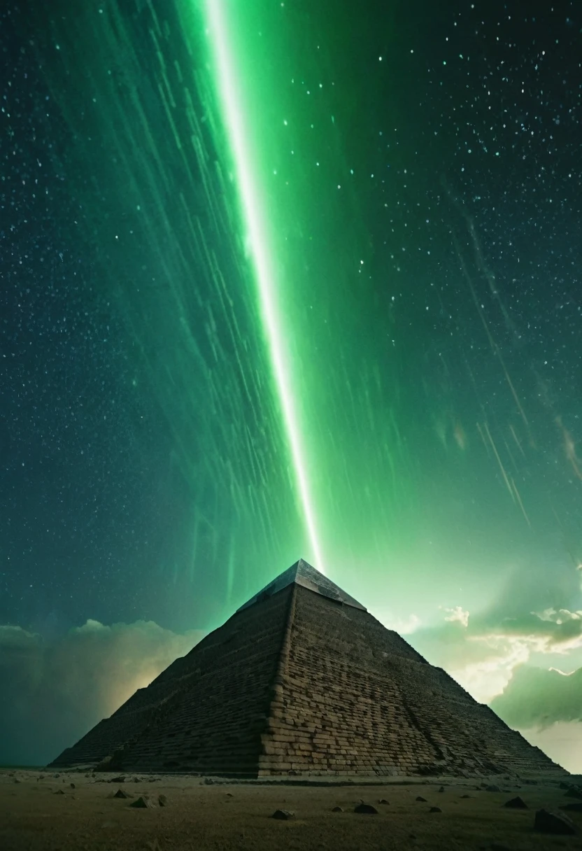 low angle dolly in, cinematic, Naturalistic film style, natural light, film grain, endless black space, in the middle a giant cosmic ancient stone pyramid levitates, the pyramid exudes a green glow, storm, thunder, stars and planet explode, star wind