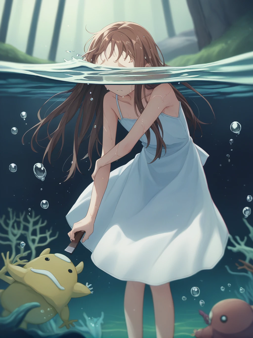 score_9, score_8_wonderful, score_7_wonderful, score_6_wonderful, sauce_anime, partially underwater,
One Girl, Long Hair, Brown Hair, Wet Hair,
White Dress, Swamp,
Dark Background, Blurred Edges,8-year-old、Adventurer、Flat Chest、Pitch-dark underground labyrinth、No light、skirt、Equipped with a dagger and a shield、水面よりwonderfulの顔、Corpse in water, Underwater Photography、浮力でskirt捲れる