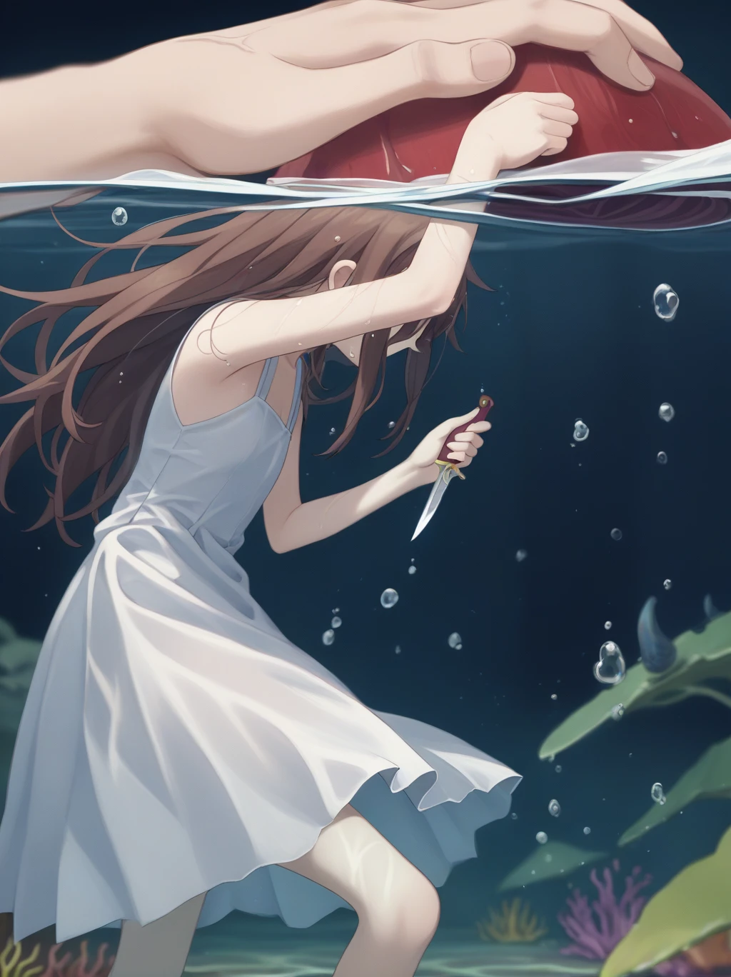 score_9, score_8_wonderful, score_7_wonderful, score_6_wonderful, sauce_anime, partially underwater,
One Girl, Long Hair, Brown Hair, Wet Hair,
White Dress, Swamp,
Dark Background, Blurred Edges,8-year-old、Adventurer、Flat Chest、Pitch-dark underground labyrinth、No light、skirt、Equipped with a dagger and a shield、水面よりwonderfulの顔、Corpse in water, Underwater Photography、浮力でskirt捲れる