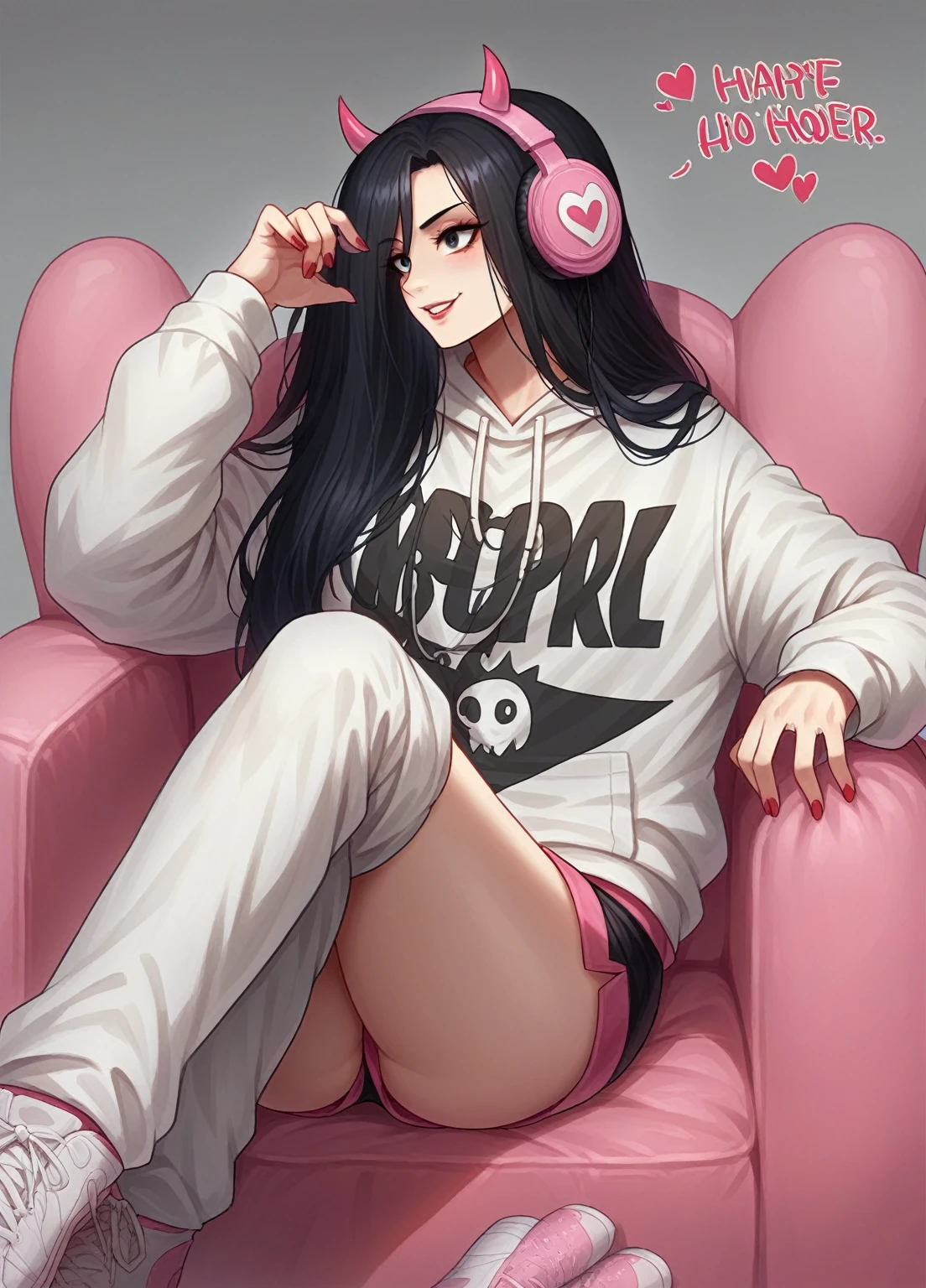 araffe sitting on a pink chair with headphones on, soft devil queen madison beer, y2k style, y 2 k style, she is wearing streetwear, y 2 k cutecore clowncore, y 2 k fashion, e - girl, e-girl, black haired girl wearing hoodie, y2k aesthetic, y 2 k aesthetic, profile pic