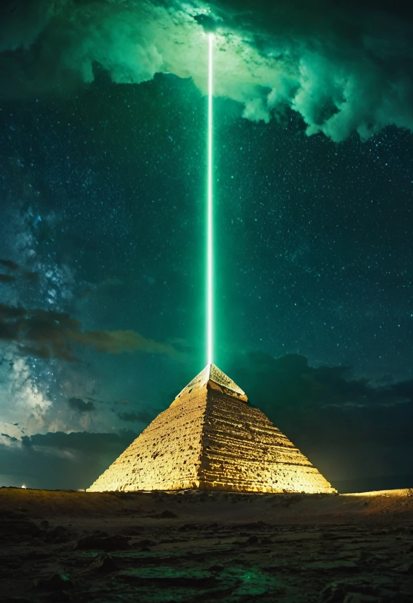 low angle dolly in, cinematic, Naturalistic film style, natural light, film grain, endless black space, in the middle a giant cosmic ancient stone pyramid levitates, the pyramid exudes a green glow, storm, thunder, stars and planet explode, star wind