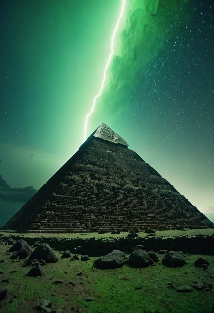 low angle dolly in, cinematic, Naturalistic film style, natural light, film grain, endless black space, in the middle a giant cosmic ancient stone pyramid levitates, the pyramid exudes a green glow, storm, thunder, stars and planet explode, star wind