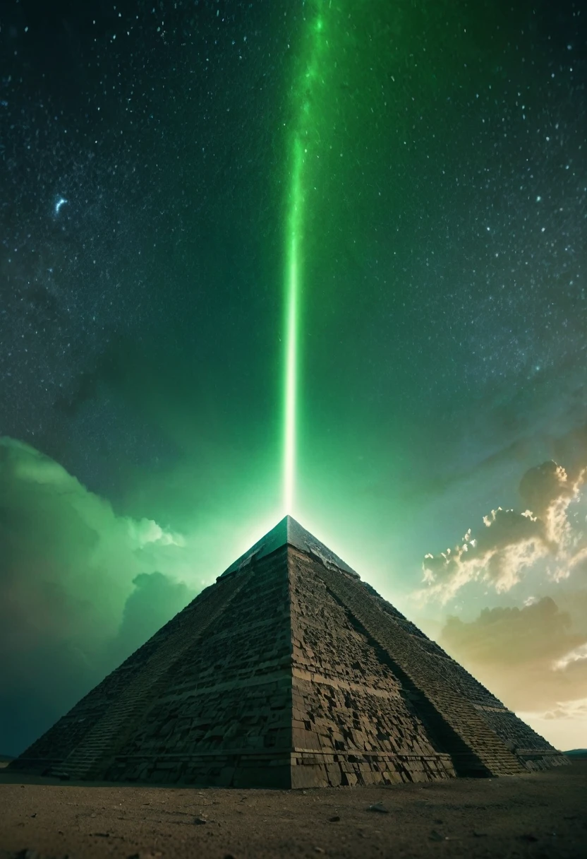 low angle dolly in, cinematic, Naturalistic film style, natural light, film grain, endless black space, in the middle a giant cosmic ancient stone pyramid levitates, the pyramid exudes a green glow, storm, thunder, stars and planet explode, star wind