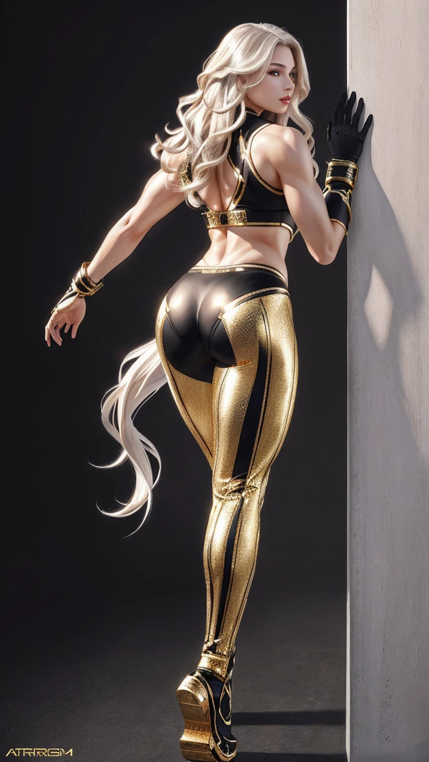((Full body photo, standing, feet on the ground)) (Masterpiece, 4k resolution, ultra-realistic, very detailed) beautiful superheroine, looking at camera, from the front wavy white hair, back belly with black contours and gold, has black gloves with fur on the wrist, wears tight black pants, with a gold and gray stripe, golden lines all over the body in the realism style, shiny skin, natural lighting, defined full lips. fitness female body. portrait photography by artgerm, in realism style, glowing skin, natural lighting, defined full lips. Muscular fitness female body,