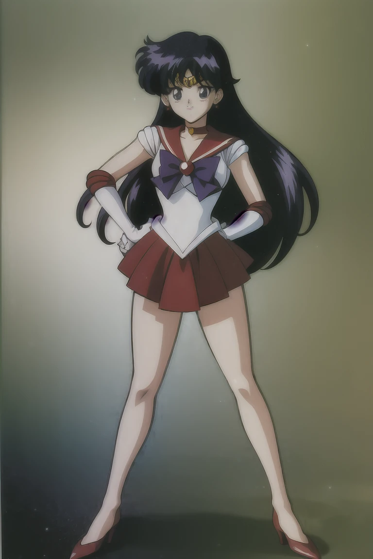 (Highest quality:1.3), (masterpiece:1.4),(Anatomically correct), (Complete limbs),(Full Finger),(Accurate fingertips), (Fine details),(8K),Photorealista,Sailor Moon!!!!!!!!, Sailor Moon Style,by Sailor Moon, Sailor Warrior Uniforms,(Sailor Mars:1.25),Aqua Eye,Long black hair,Red choker,Red High Heels,(Super detailed),(90s Anime,90s Anime,90s Anime style,cheer up,Cel-shaded anime),
