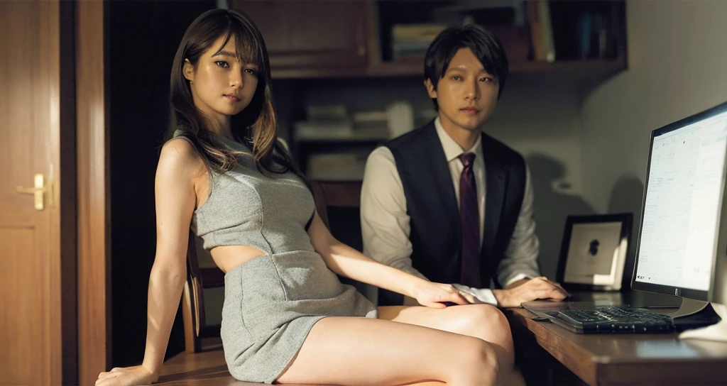 I would like a realistic 32K animation with a view from a far distance, a beautiful office, a beautiful 25-year-old Otohime, a neat suit, beautiful long legs, programming on a computer, a monitor visible, and a fantastic light emphasis.