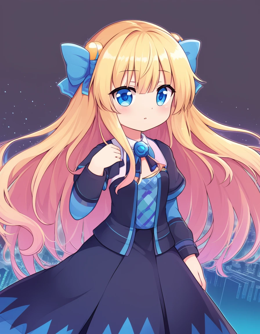 Create an anime-style image of a confident young woman with long flowing hair, dressed in a stylish, modern outfit. She should be standing in front of a background featuring a romantic cityscape at sunset. The image should be vibrant with warm colors, reflecting an inspirational and empowering mood. The character should have a thoughtful expression, looking off into the distance. Size: 1080x1920.