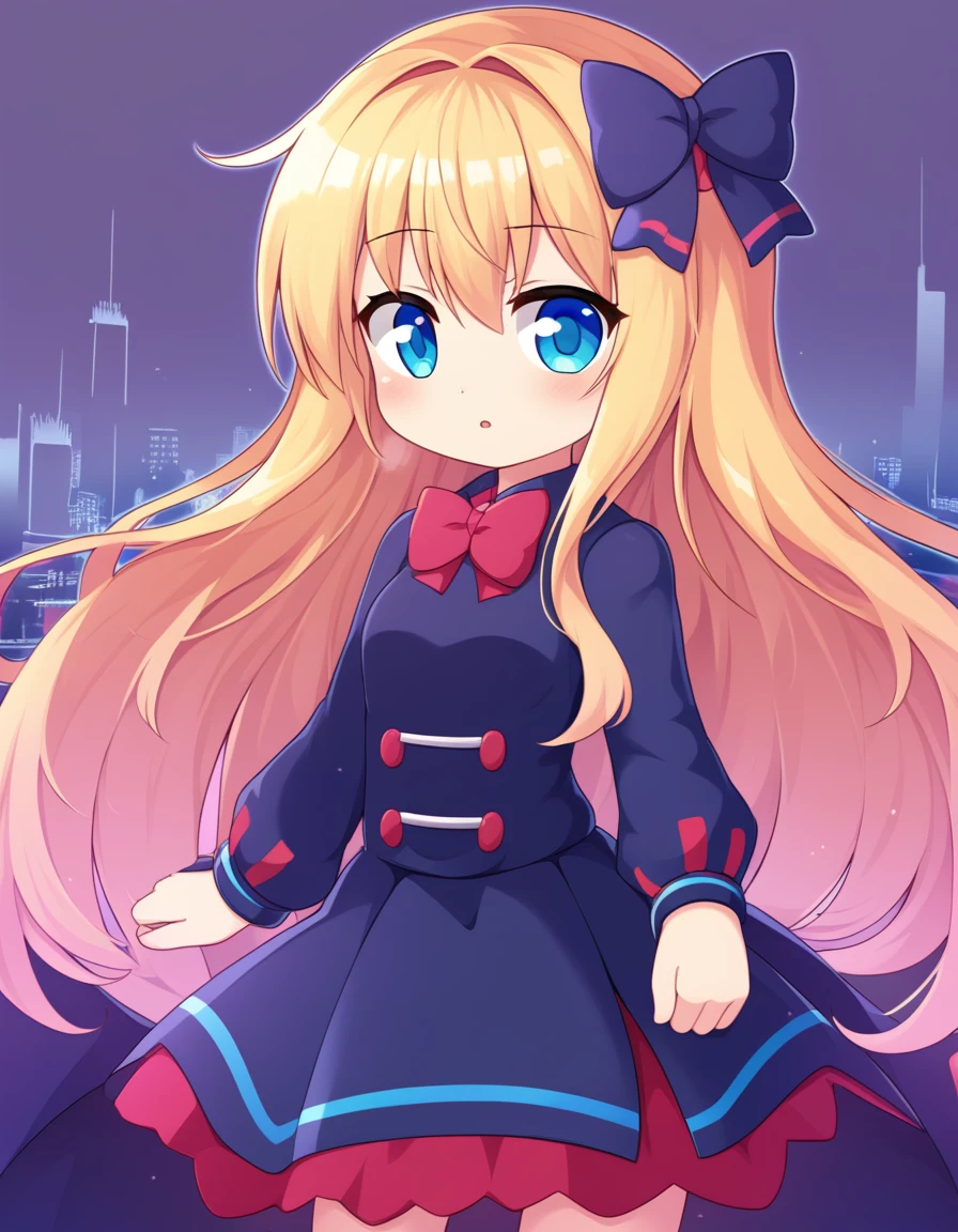 Create an anime-style image of a confident young woman with long flowing hair, dressed in a stylish, modern outfit. She should be standing in front of a background featuring a romantic cityscape at sunset. The image should be vibrant with warm colors, reflecting an inspirational and empowering mood. The character should have a thoughtful expression, looking off into the distance. Size: 1080x1920.