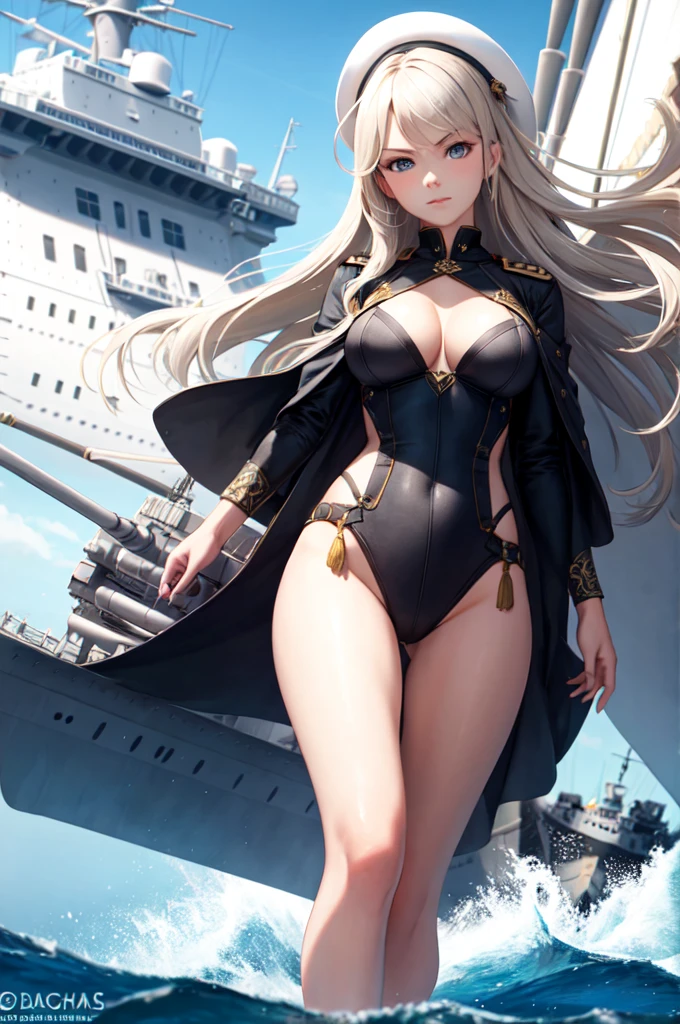 ((Best Quality)), ((Masterpiece)), (detailed), girl on a warship at sea with an arrogant expression against some warships 