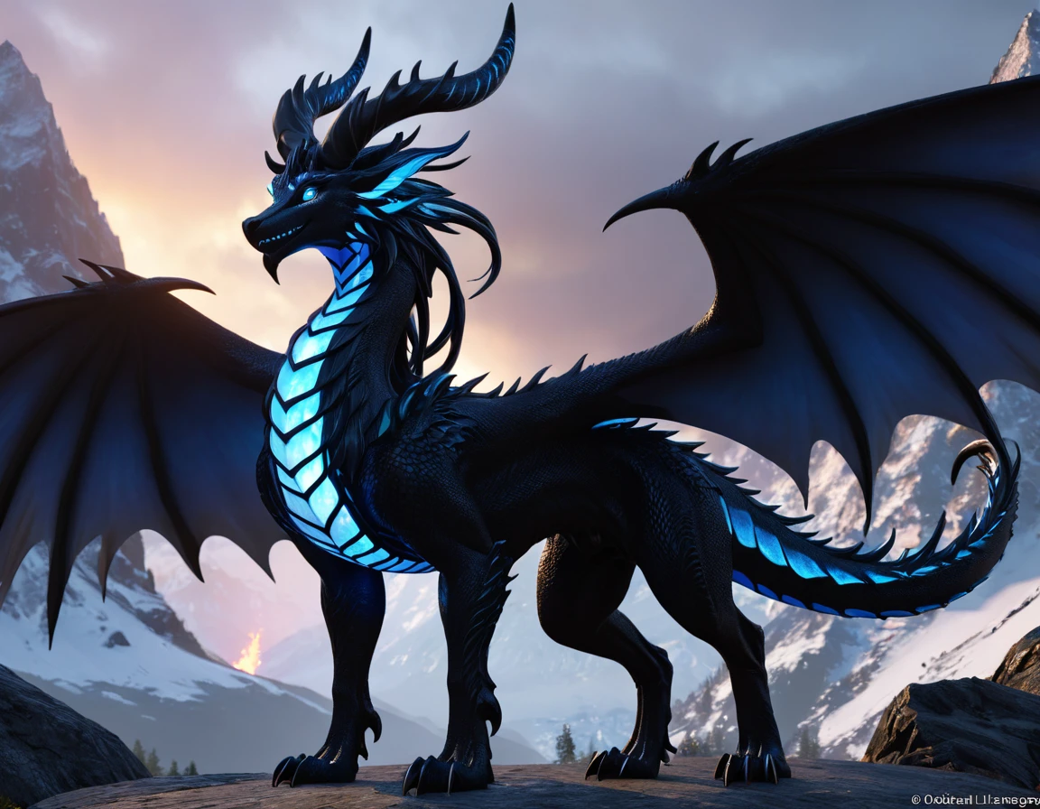 full body portrait of a realistic feminine obsidian dragon, black ral-opal large wings, white glowing eyes, wolf shaped head, huge, long body, four legs, many horns, horns, antlers, twisting horns, curled horns, breathing ral-opal fire, mysterious mountain scenery, full body, cinematic, render, 8k, unreal engine, realistic, masterpiece, high detail, full body, low life, extremely intricate, extreme detail, volumetric lighting