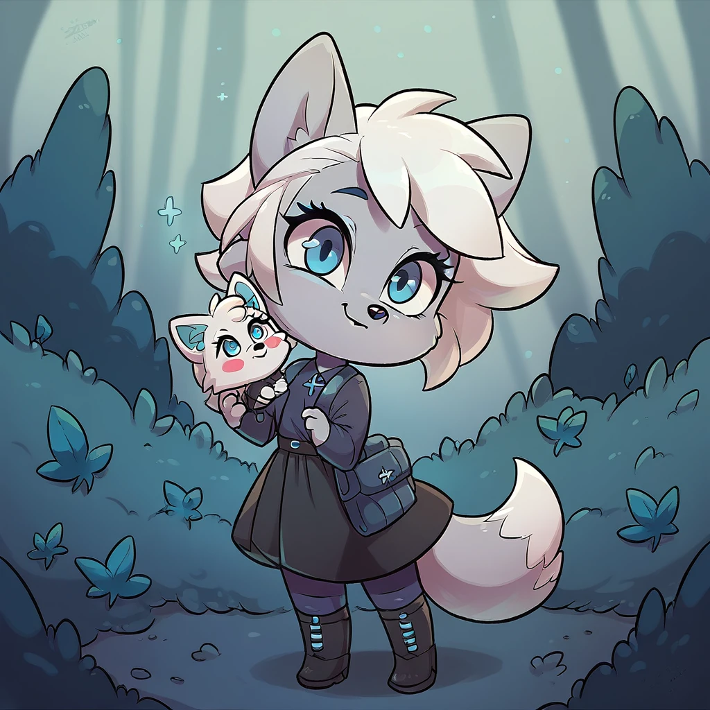 little fox, female, white hair, silver fur, blue eyes, cute kid, , alone, kid , white hair, cute, chibi, black dress, night forest