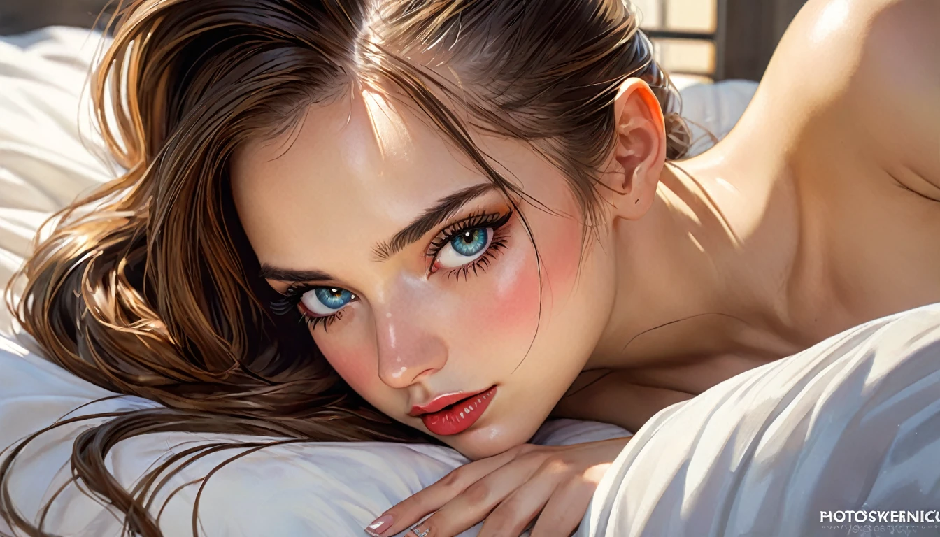 (a girl with long brown hair tied in a ponytail, miniskirt, nude breasts, open legs, sexy, in her bed, art inspired by Bill Sienkiewicz, intricate details, oil painted, beautiful detailed eyes, beautiful detailed lips, extremely detailed eyes and face, long eyelashes, photorealistic, photo-realistic:1.37, best quality, 4k, 8k, highres, masterpiece:1.2, ultra-detailed, realistic, vivid colors, studio lighting, physically-based rendering, extreme detail description, professional)