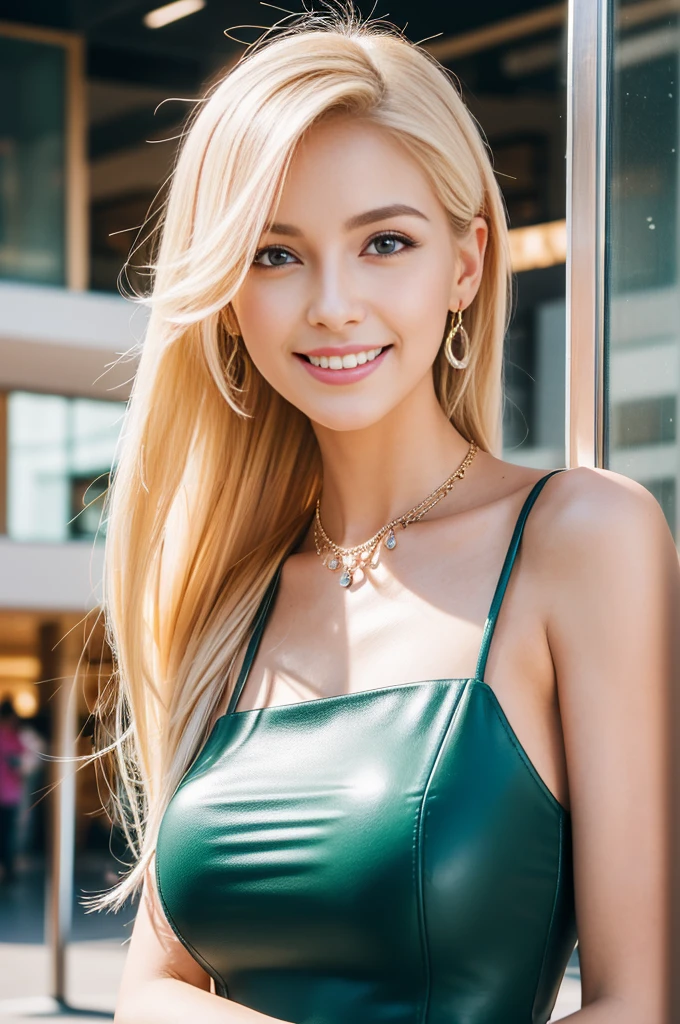 (best quality, 4k, 8k, highres, masterpiece:1.2), ultra-detailed, (realistic, photorealistic, photo-realistic:1.37), closeup, sexy seductive Swedish woman, (happy smile), (small breasts), (slim girl), long lashes, ultra detailed makeup, defined eyebrows, platinum blonde hair, fair skin, elegant posture, wearing large sparkling colorful jewelry, wearing a business style leather dress, standing in a large shopping mall, gentle sunlight shining through the shopping mall windows, casting a soft glow on her face, adding warmth to the scene, vibrant colors, capturing the essence of vibrant city life, portrait style, showcasing her natural beauty and grace in a feminine way