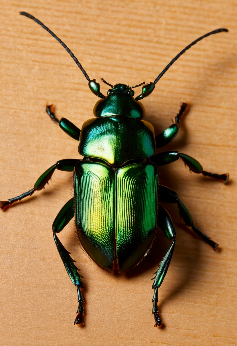 A golden-green bronze beetle crawls along a light brown board