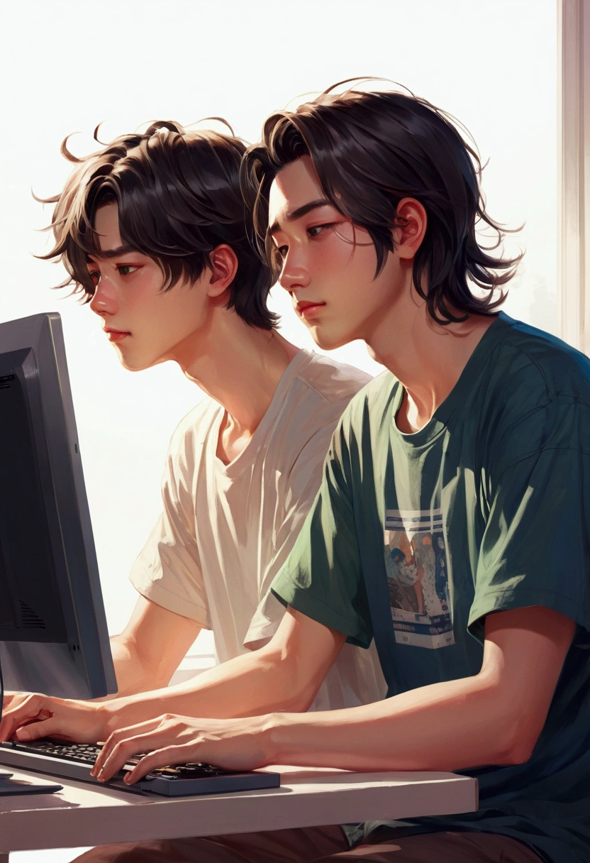 straight hair boy looking at pc screen, praise artstyle, artwork in the style of guweiz, Beautiful drawing style, praise art, trend in artstration, praise feel, lo-fi illustration style, by Yanagawa Nobusada, illustration style, praise, High quality fanart, adorable couple, by Kun Can, praise girl