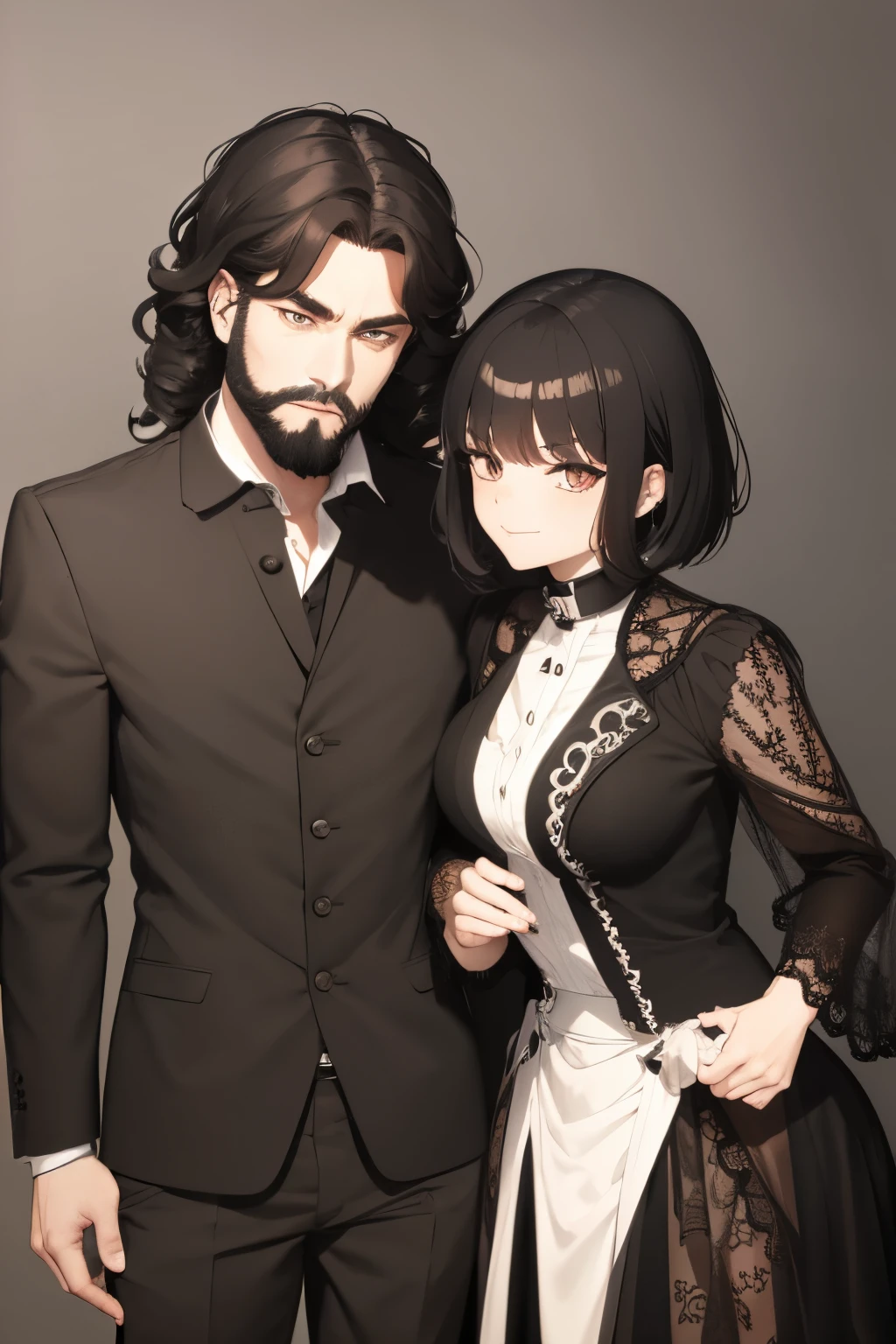 Goth couple with black curly hair and bearded man with short hair