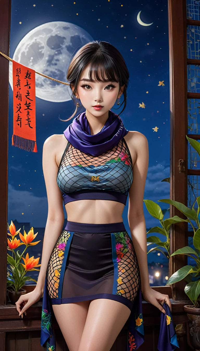 Fishnet lady uniform, hieroglyphic mockup, colorful flora scarf ,, , moon night, window,