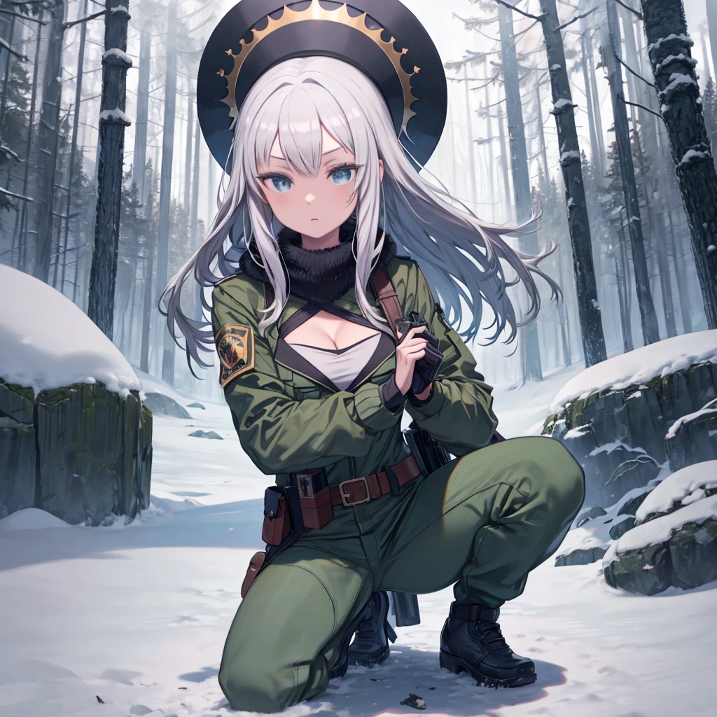 masterpiece, Highest quality, MGSSSNIPERWOLF, blue eyes, Hair on one eye, Green jacket, Cleavage, belt, Green Pants, Fingerless gloves, Upper Body, snow, boreal forest, One knee, Expressionless