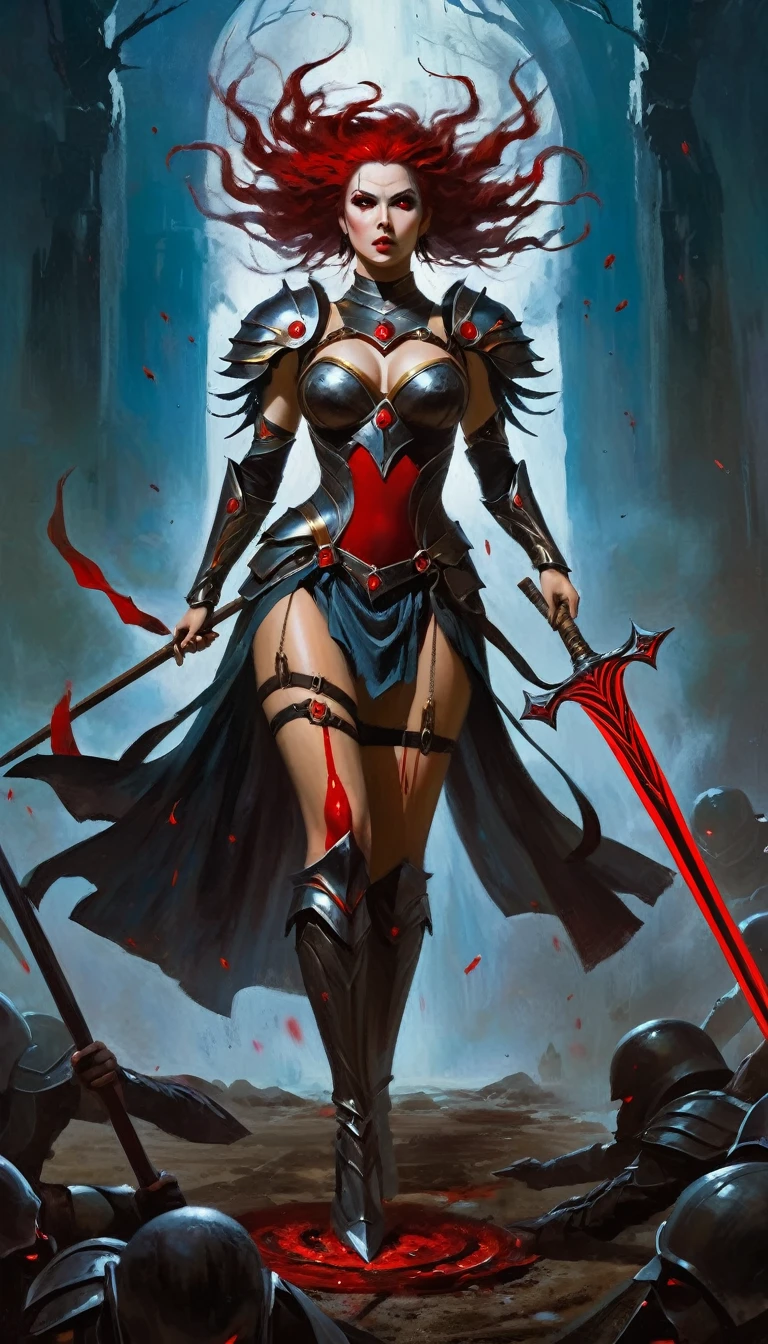full body shot, dark fantasy, horror, levitating above the ground woman, goddess, goddess of war, wearing sexy armor, bloodshot eyes and hair, pointing with a stake an order for the movement of troops, dystopian atmosphere, dark colors, relistic