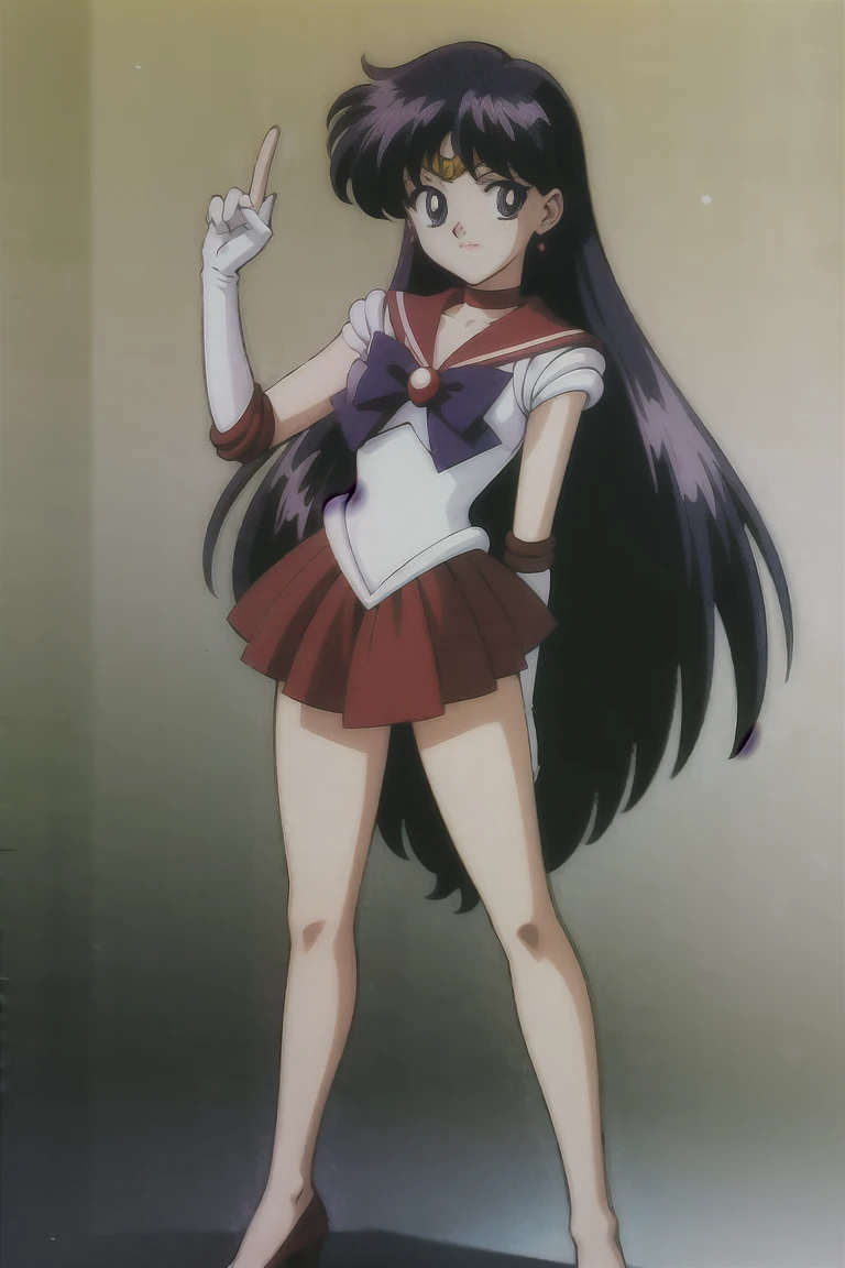 (Highest quality:1.3), (masterpiece:1.4),(Anatomically correct), (Complete limbs),(Full Finger),(Accurate fingertips), (Fine details),(8K),Photorealista,Sailor Moon!!!!!!!!, Sailor Moon Style,by Sailor Moon, Sailor Warrior Uniforms,(Sailor Mars:1.25),Aqua Eye,Long black hair,Red choker,Red High Heels,(Super detailed),(90s Anime,90s Anime,90s Anime style,cheer up,Cel-shaded anime),