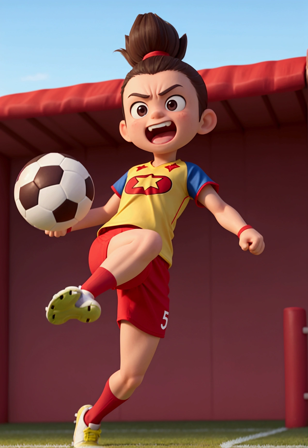 Create a fun image of a very strong, straight-faced kicking a soccer ball. The should have a very strong, muscular leg, like a superhero's, while the rest of the body appears normal. The soccer ball The football should be flying at high speed after being kicked, and there should be a fence behind it that is bursting due to the force of the kick. The expression on the child's face should be one of surprise and excitement."