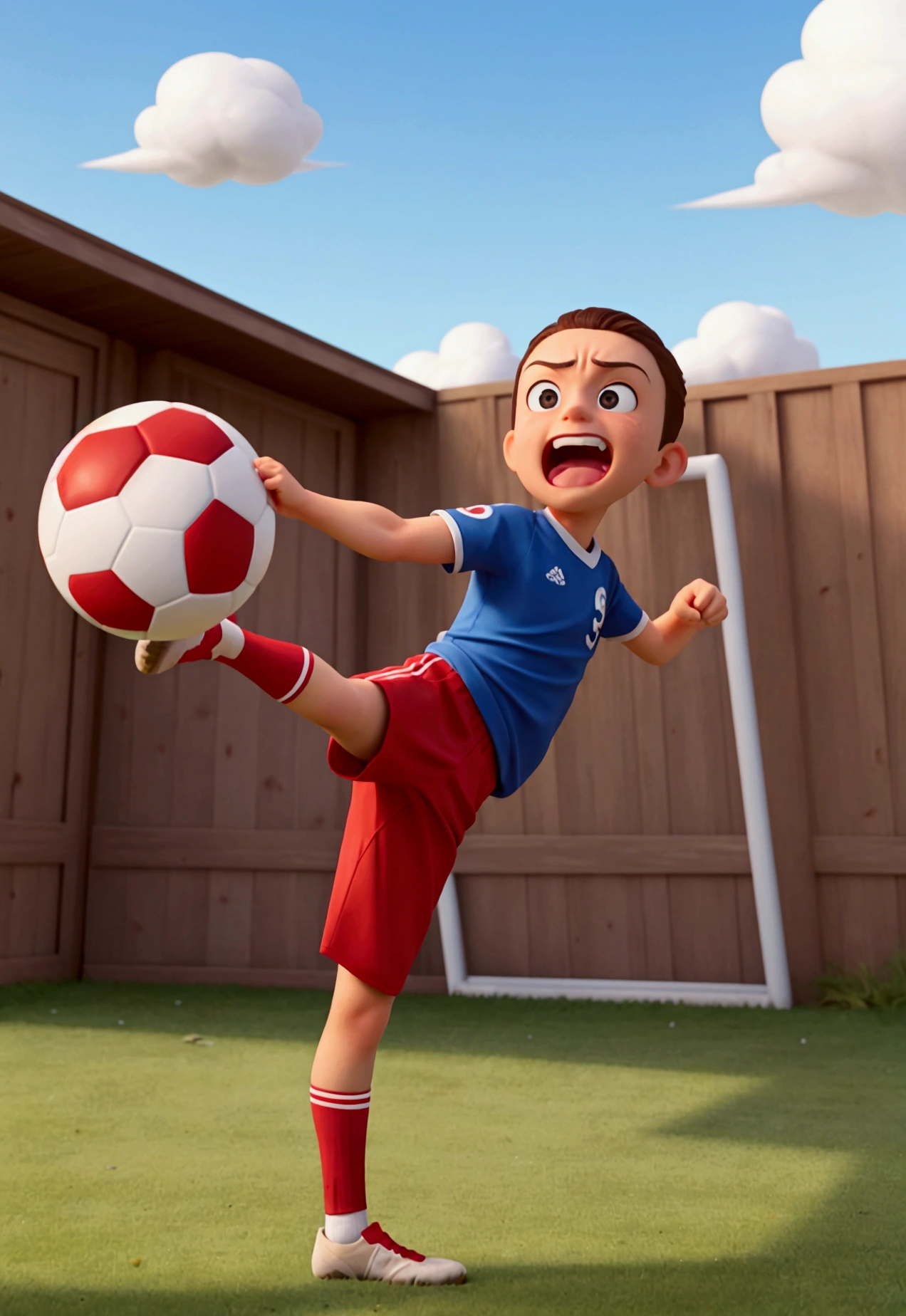 Create a fun image of a very strong, straight-faced kicking a soccer ball. The should have a very strong, muscular leg, like a superhero's, while the rest of the body appears normal. The soccer ball The football should be flying at high speed after being kicked, and there should be a fence behind it that is bursting due to the force of the kick. The expression on the child's face should be one of surprise and excitement."