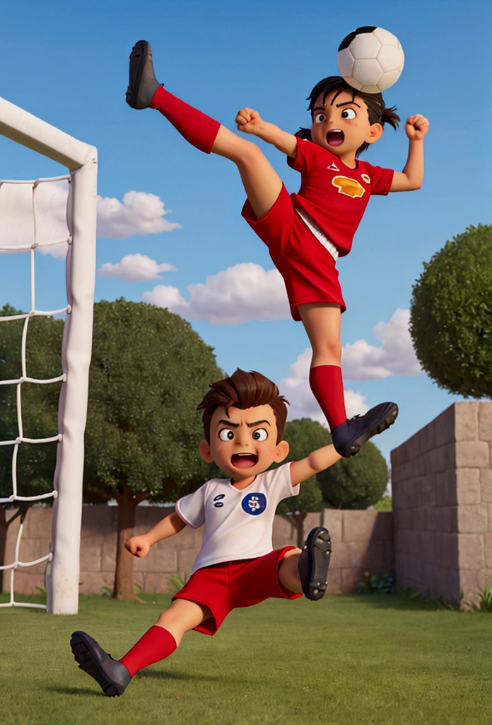 Create a fun image of a very strong, straight-faced kicking a soccer ball. The should have a very strong, muscular leg, like a superhero's, while the rest of the body appears normal. The soccer ball The football should be flying at high speed after being kicked, and there should be a fence behind it that is bursting due to the force of the kick. The expression on the child's face should be one of surprise and excitement."