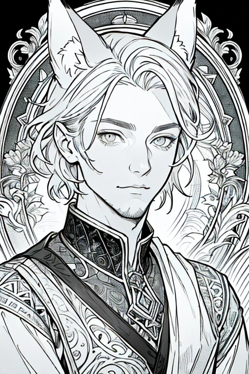 (masterpiece),(Very detailed),(Very detailed),(best quality), lineart, one man, fantasy character with fox ears, silver eyes, and red short hair, ((portrait)) tall, stunning, fantasy, beautiful face, animated style, perfect face, highest detail, stubble, detailed face, clothes, intricate details, fantasy background, expressionless, solo,