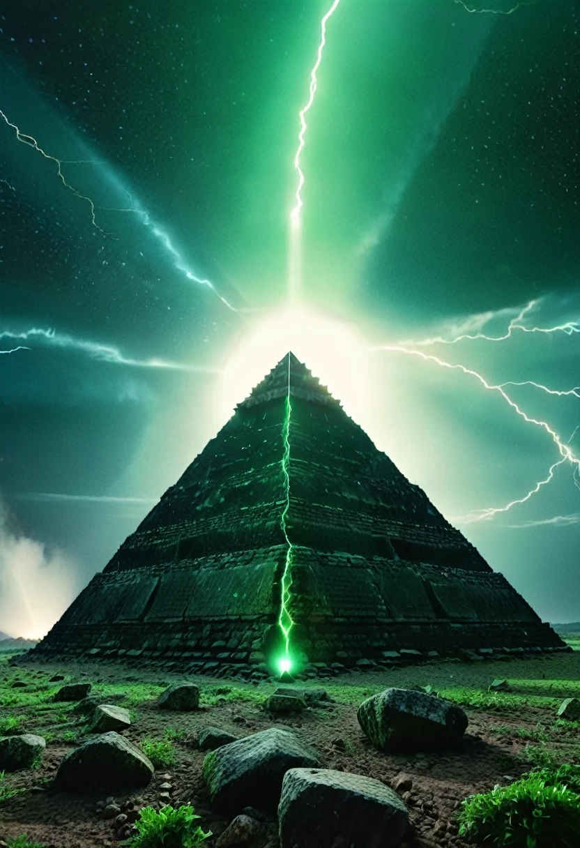 low angle dolly in, cinematic, Naturalistic film style, natural light, film grain, endless black space, in the middle a giant cosmic ancient stone pyramid levitates, the pyramid exudes a green glow, storm, thunder, stars and planet explode, star wind