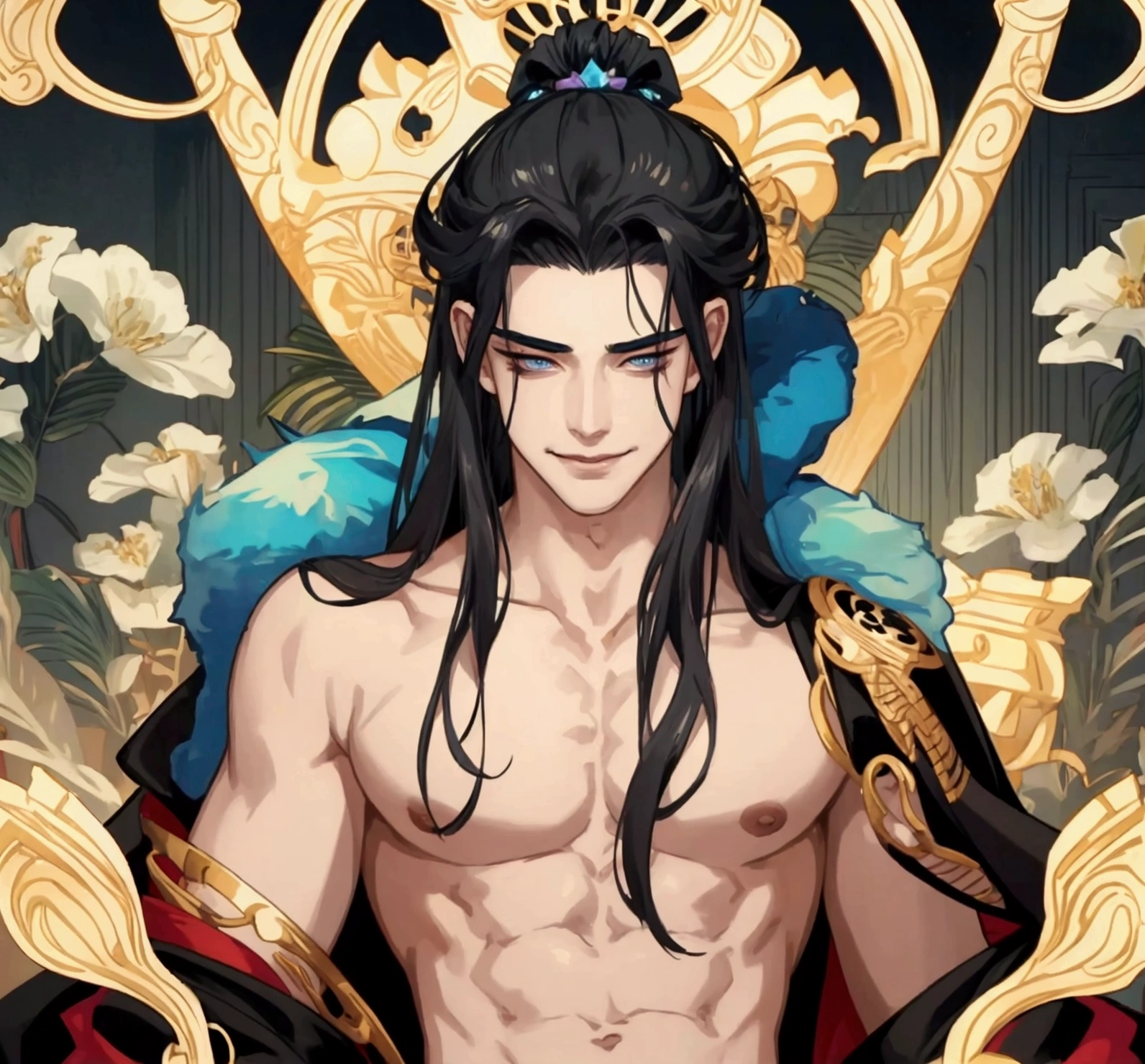 sexy young god hades, shirtless, smirking, background the underworld