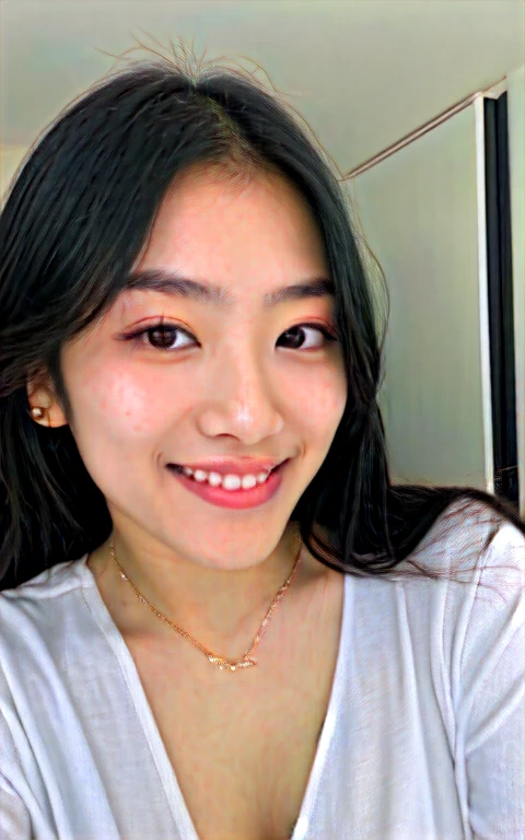 A beautiful 21 year old Japanese woman, idol de Kpop, smiling for the photo and posing