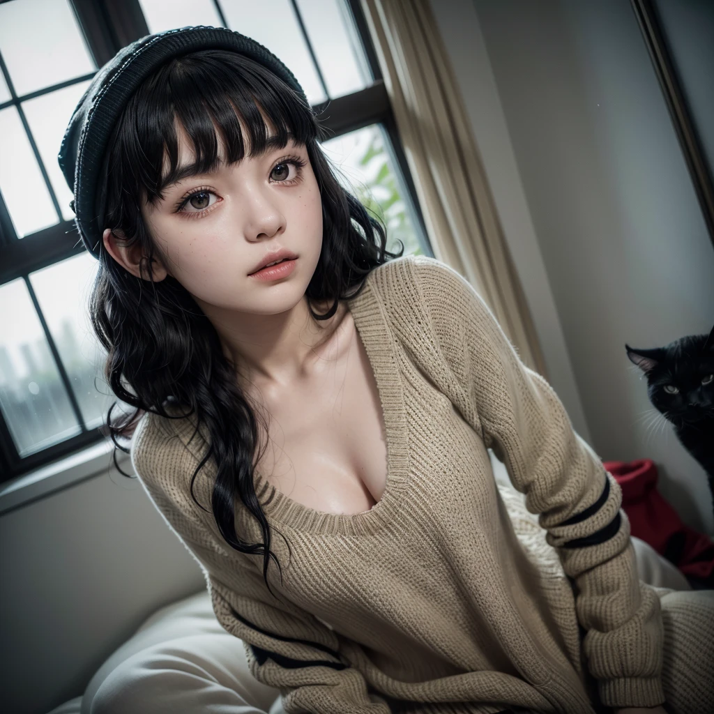 ((best qualityer)), ((work of art)), (detailded),cute japanese,((1girl)), 18-years old, ((porcelain cut white skin)),BLACK eyes,(black medium wavy hair with bangs:1.5),black cat ear ,((flushed skin)),,(Alone), (a detailed full-body RAW photo of a girl), (Artwork: 1), (best quality: 1.4), (Ultra high resolution: 1.2), (photorealistic: 1.4), 8k resolution, Canon EOS R5, 50mm, Absurd, ultra detailed, sharp focus, cinematic lighting, Detailed Beautiful Face,wearing a beige sweater, sweatpants,((red cap)), looking out the window at the rain falling,(rain down in the Windows),rainy day